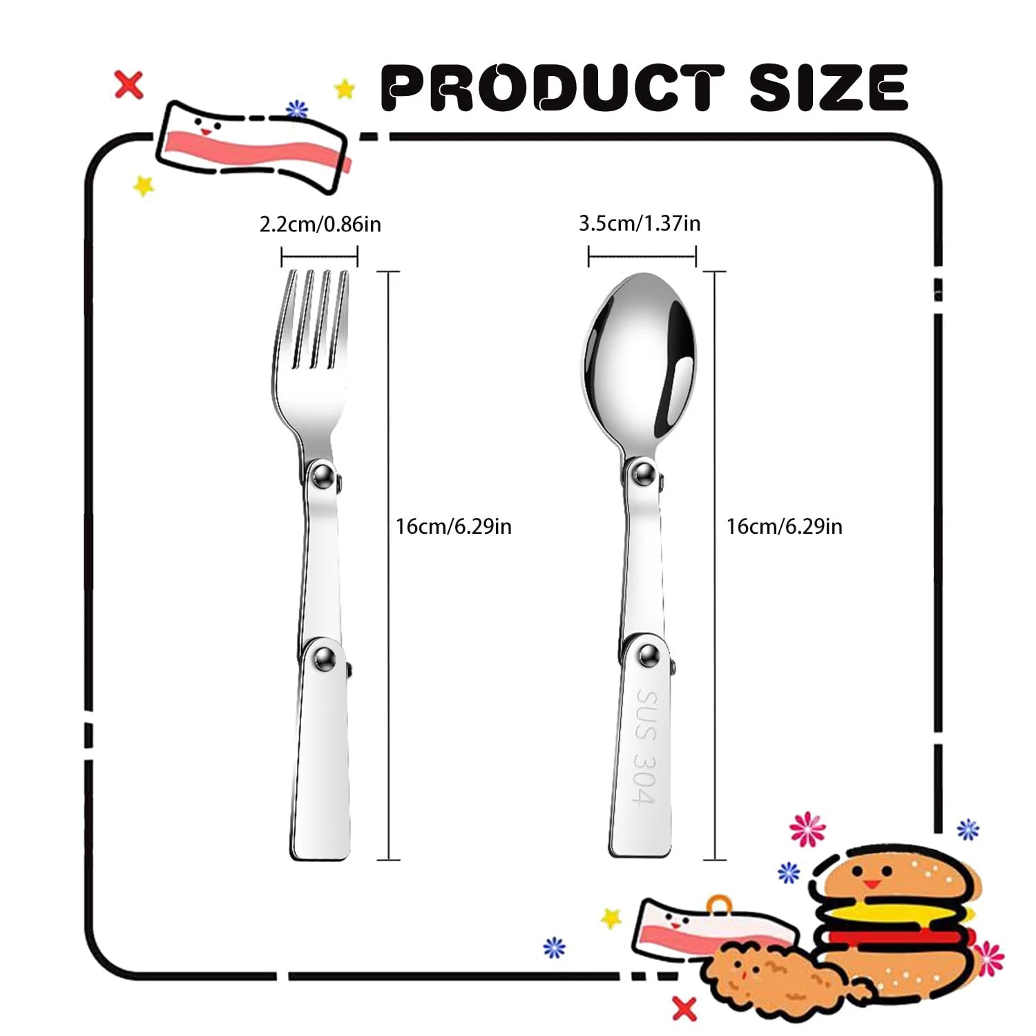 Набор портативных складных ложек и вилок из нержавеющей стали 304 для путешествий на природе, кемпинга, походов, пикников и выживания, 2 штуки, фото №2