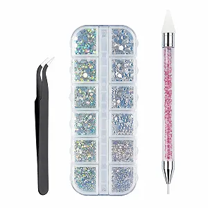 Стразы для ногтей акриловые AB цвета 2200 шт + пинцет, двухсторонний инструмент для подбора страз и ручка для маникюра - Фото 1