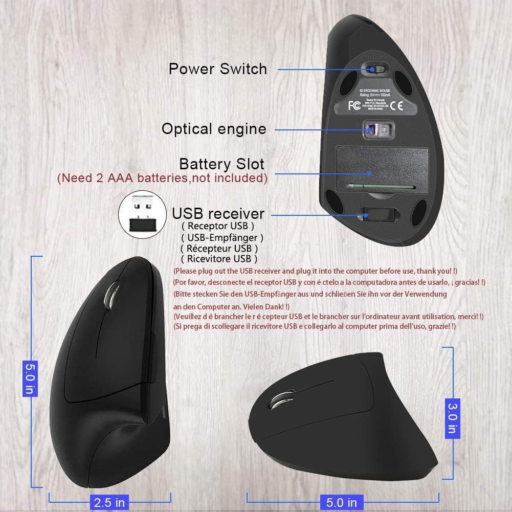 Мышь Беспроводная Эргономичная Вертикальная для левой руки 800/1200/1600 DPI с USB-приемником, фото №2