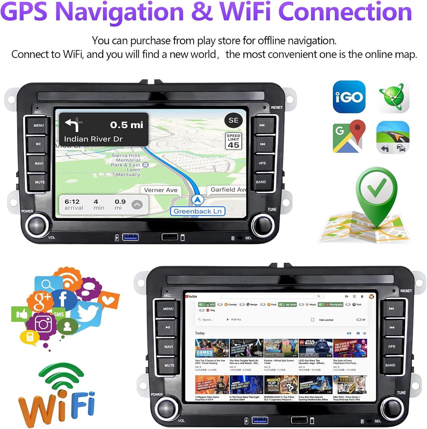 Штатна автомагнітола Podofo для VW Golf 5 6 Polo Passat / 7" / Сенсорна / 1/32Гб / Android 13 / Apple CarPlay / Android Auto / Bluetooth / WI-FI / GPS / FM / USB, фото №6