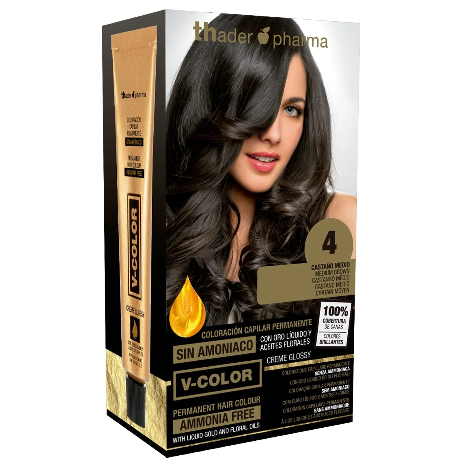Фарба Th Pharma V-Color Перманентна Без аміаку Набір з Рідким Золотом 100% Покриття Сивини 120 мл (№ 4 Середній Коричневий), фото №1
