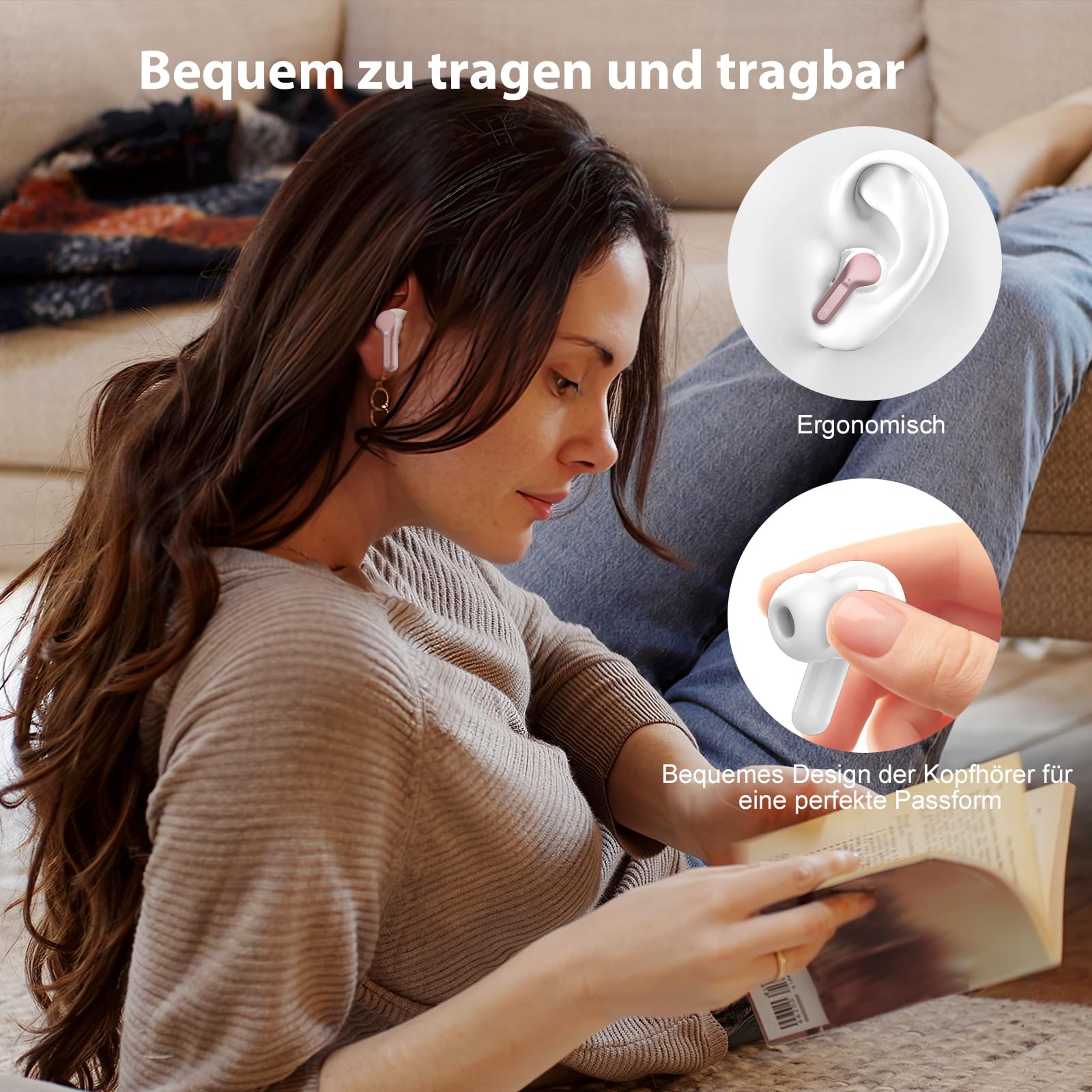 Наушники Bluetooth Вкладыши 5.3 ENC Шумоподавляющие Микрофоны HiFi Стерео Глубокий бас 40 часов Воспроизведение Светодиодный дисплей IP7 Сенсорное управление Розовое золото, фото №6