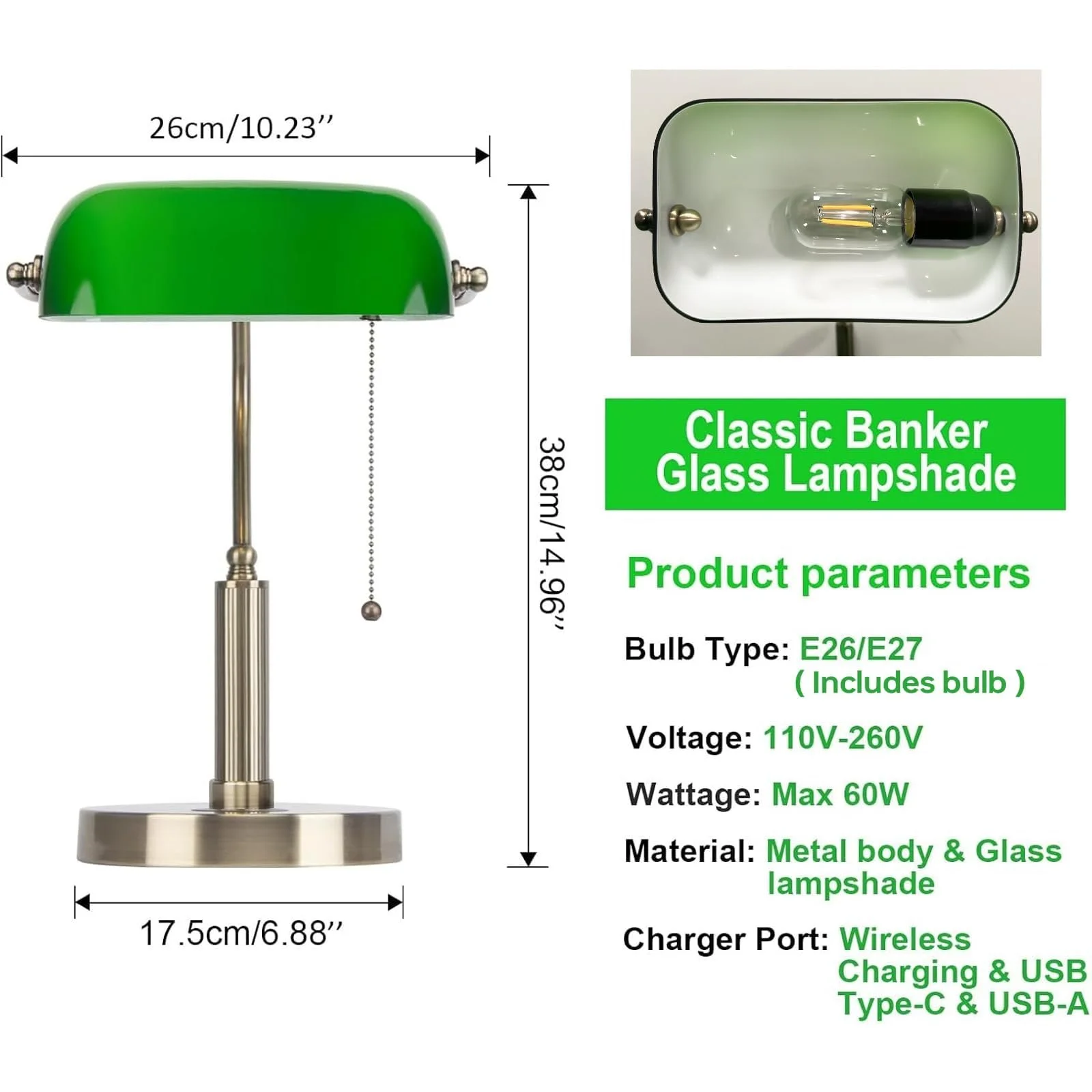 Настільна лампа FIRVRE Vintage LED Скляна Банківська Бездротова зарядка USB-порт Зелена, фото №3