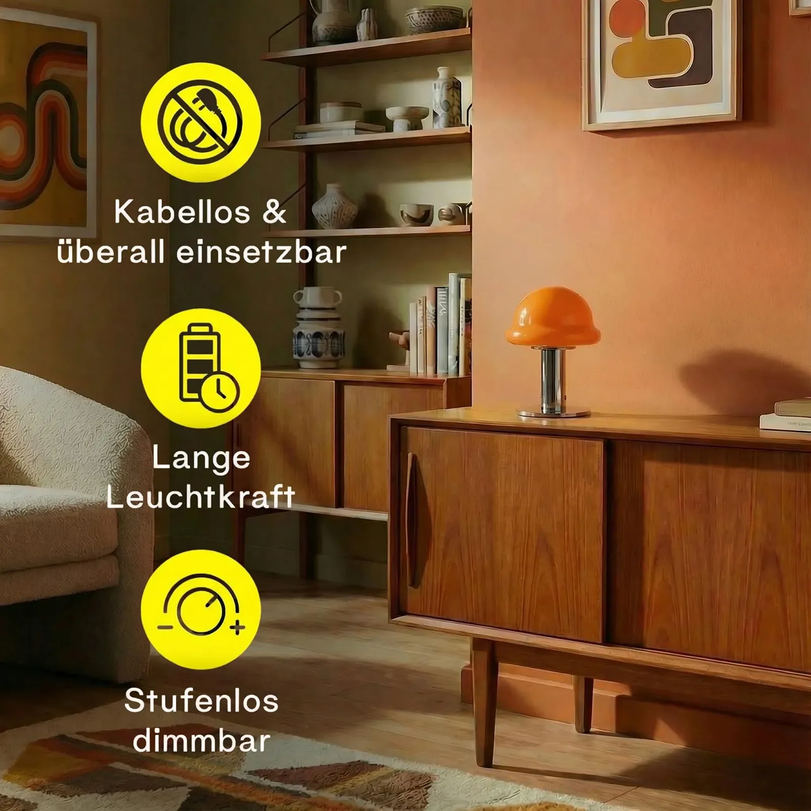 Настольная лампа Mushroom беспроводная LED с регулировкой яркости USB-C оранжевая, фото №8