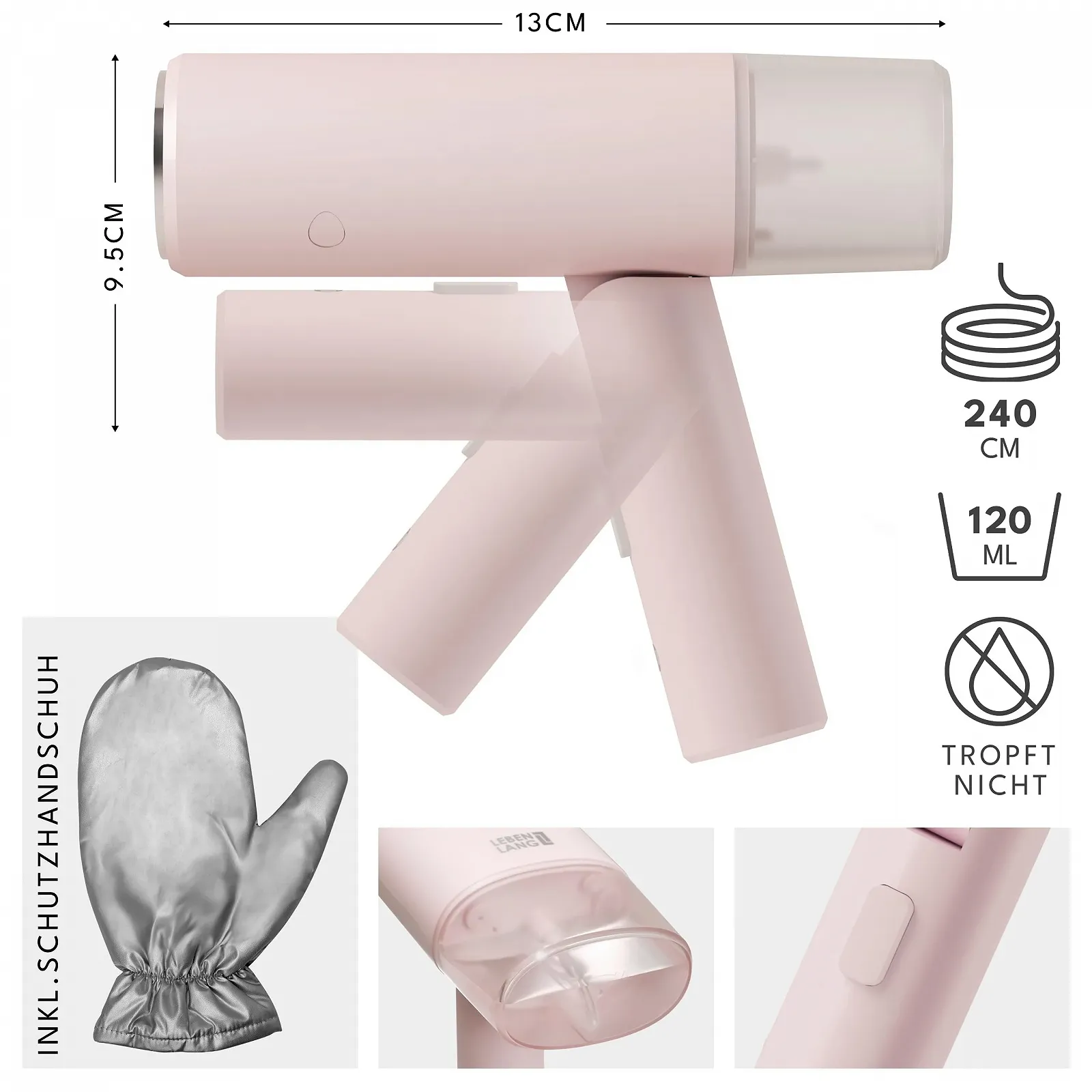 Вертикальний відпарювач LEBENLANG Дорожній Складаний 900W 120ml Рожевий, фото №3