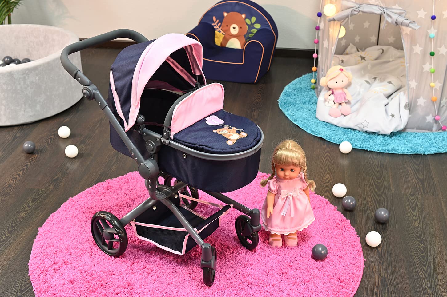 Коляска KNORRTOYS.COM 90935 Boonk Navy Bear темно-синяя розовая, фото №8
