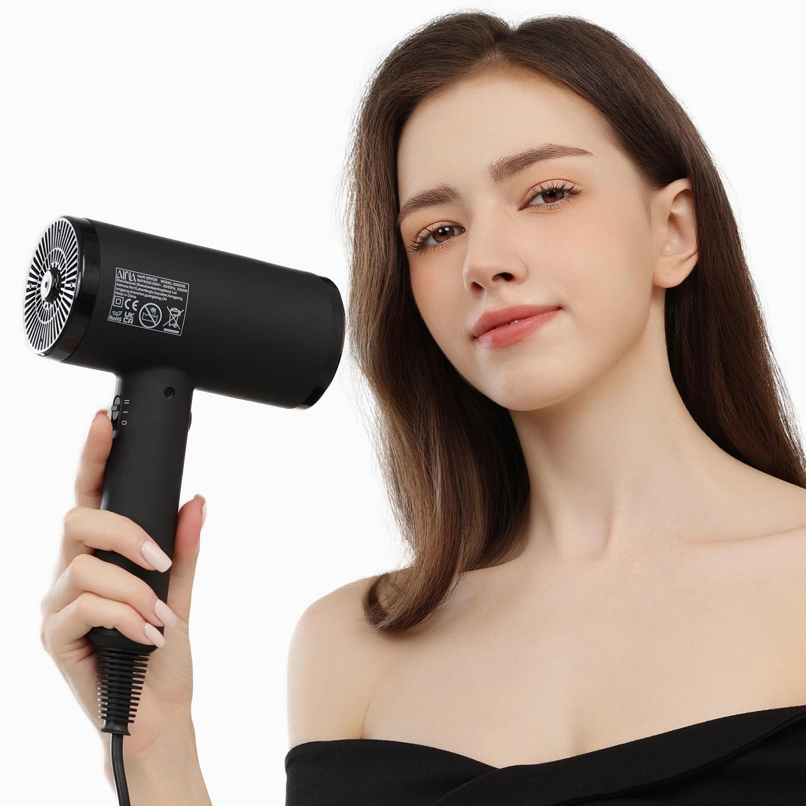 Фен AINA Professional Salon, 2300 Вт, с диффузором, щеткой-расческой для женщин, BLDC, бесщеточный мотор, 150 000 об/мин, ионный, LED-дисплей, 4 магнитные насадки, черный, фото №7