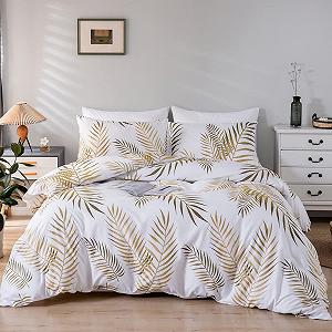 Постільна білизна Damier 200 x 220 см, Золотий, Білий, Малюнок Листя, Набір підковдри з 3 предметів, М'яка мікрофібра, Прихована блискавка та 2 наволочки 80 x 80 см, Мотив Листя - Фото 1