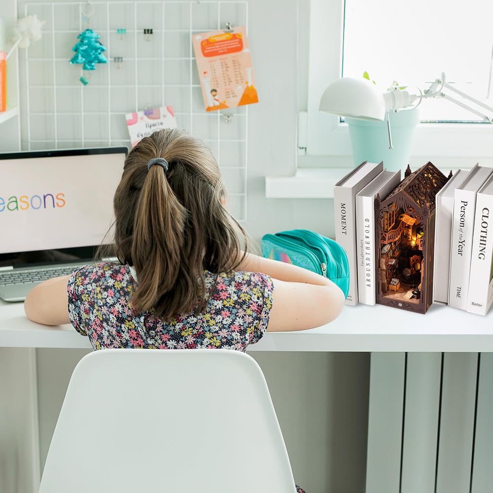 Набір KUWUNG DIY Book Nook з кришкою від пилу, куточок книжкового будиночка з LED світлом і меблями, 3D дерев'яний пазл-вставка для книжкової полиці, Художній, фото №7