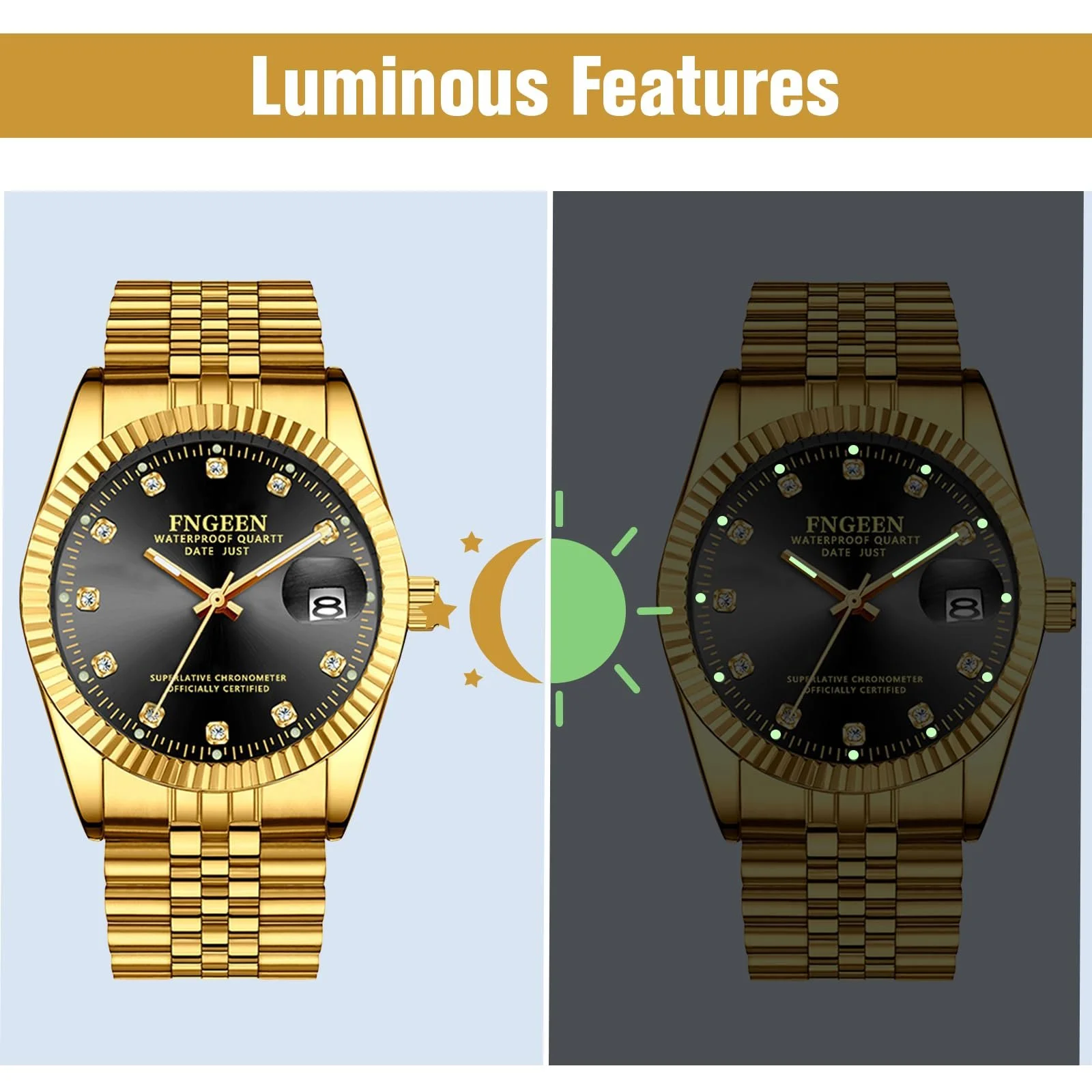 Мужские часы Avaner Золотые наручные часы: Мужские часы со шкалой со стразами Люминесцентные стрелки Аналоговые кварцевые часы с ремешком из нержавеющей стали для мужчин, фото №4