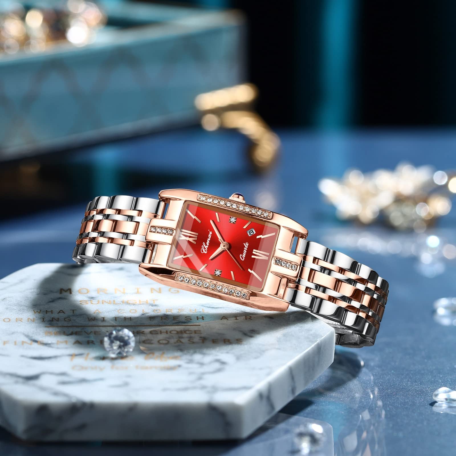 Женские Аналоговые Часы JewelryWe Кварцевые Прямоугольные С календарем даты Водонепроницаемые 30 м Браслет из нержавеющей стали, фото №5
