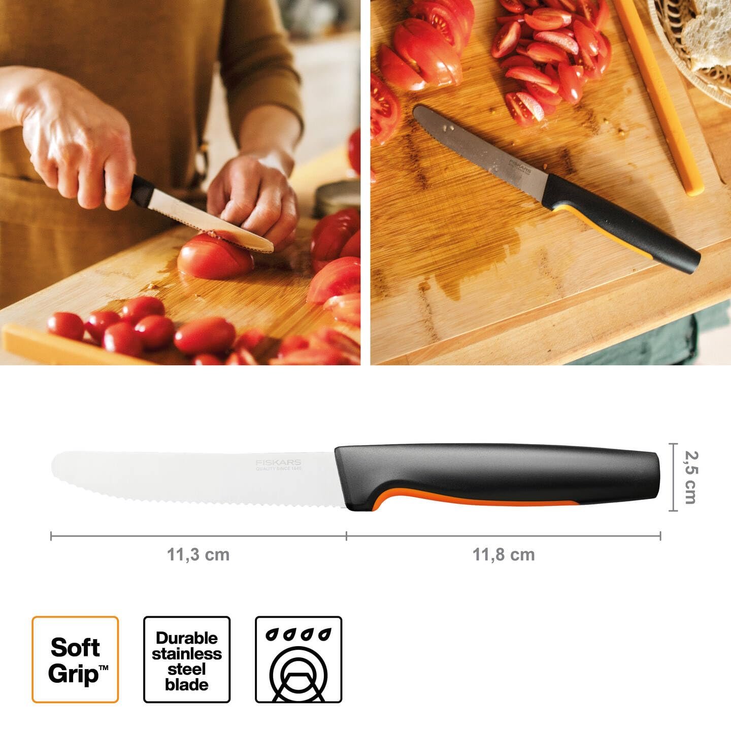 Набір ножів Fiskars Functional Form 5 од. Кухарський ніж, ніж для овочів, ніж для помідорів, ніж Santoku, ніж для хліба, японська нержавіюча сталь/пластик, чорний/помаранчевий, фото №7