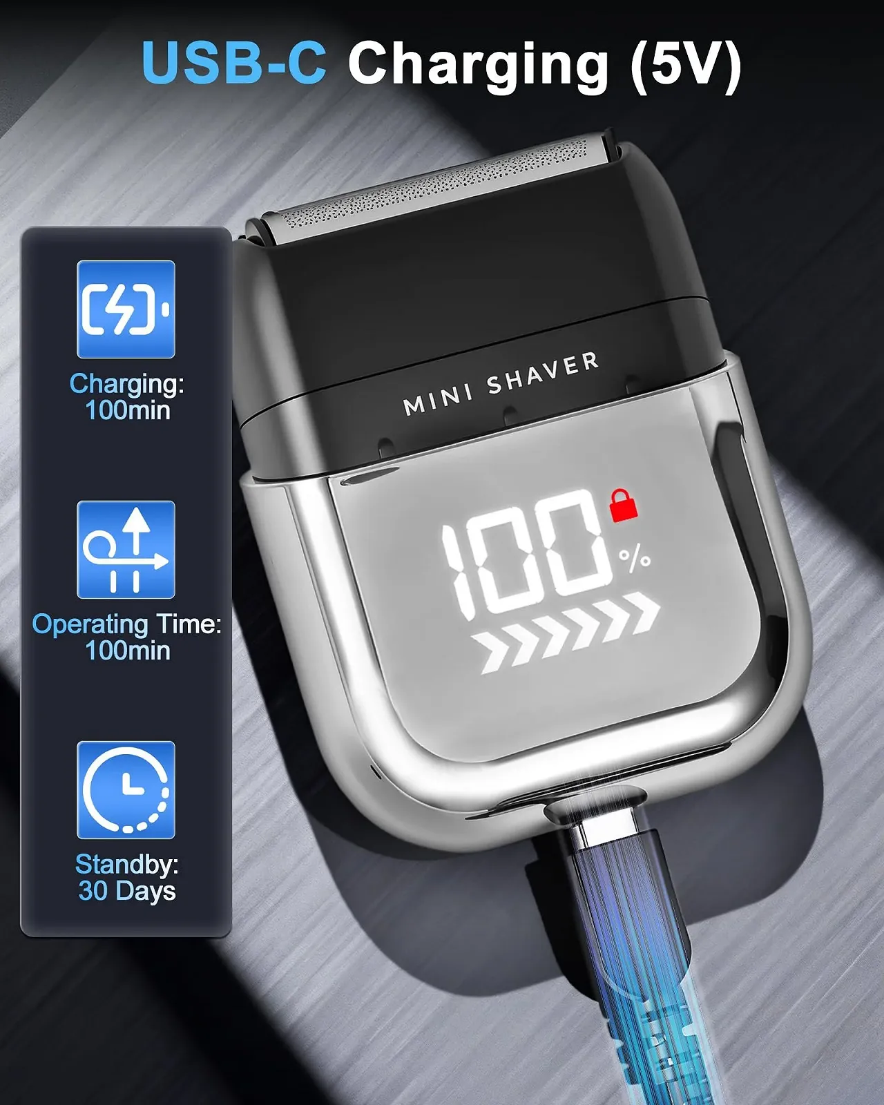 Електробритва Men's Electric Shaver Mini Foil IPX7 USB-C 120 хв LED-дисплей, фото №4 Електробритва Men's Electric Shaver Mini Foil IPX7 USB-C 120 хв LED-дисплей, фото №4