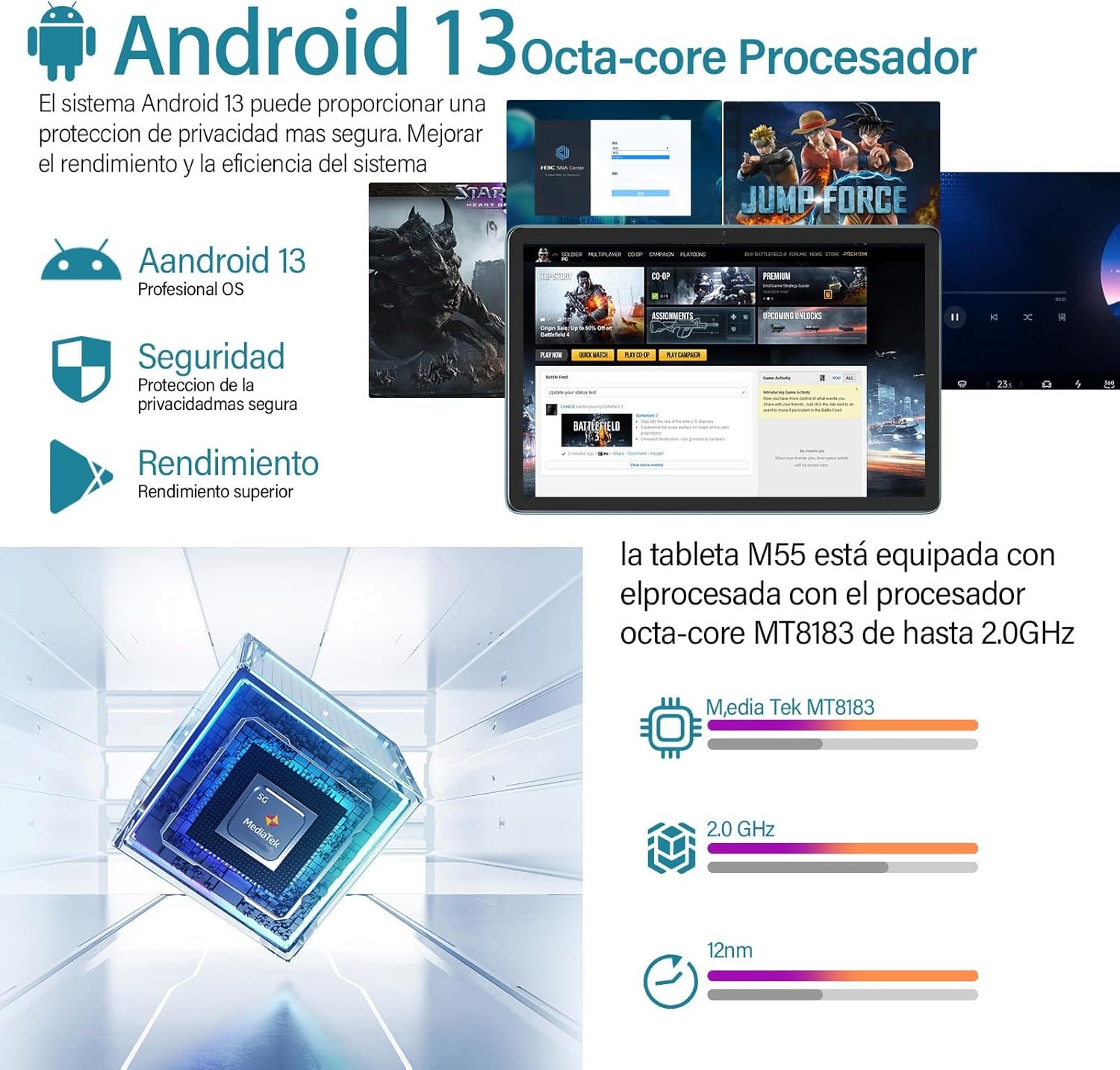 Планшет 10.4" Ouzrs M55 12/256 Gb 8 ядер Android 13 7000 mAh Чорно-блакитний, фото №6