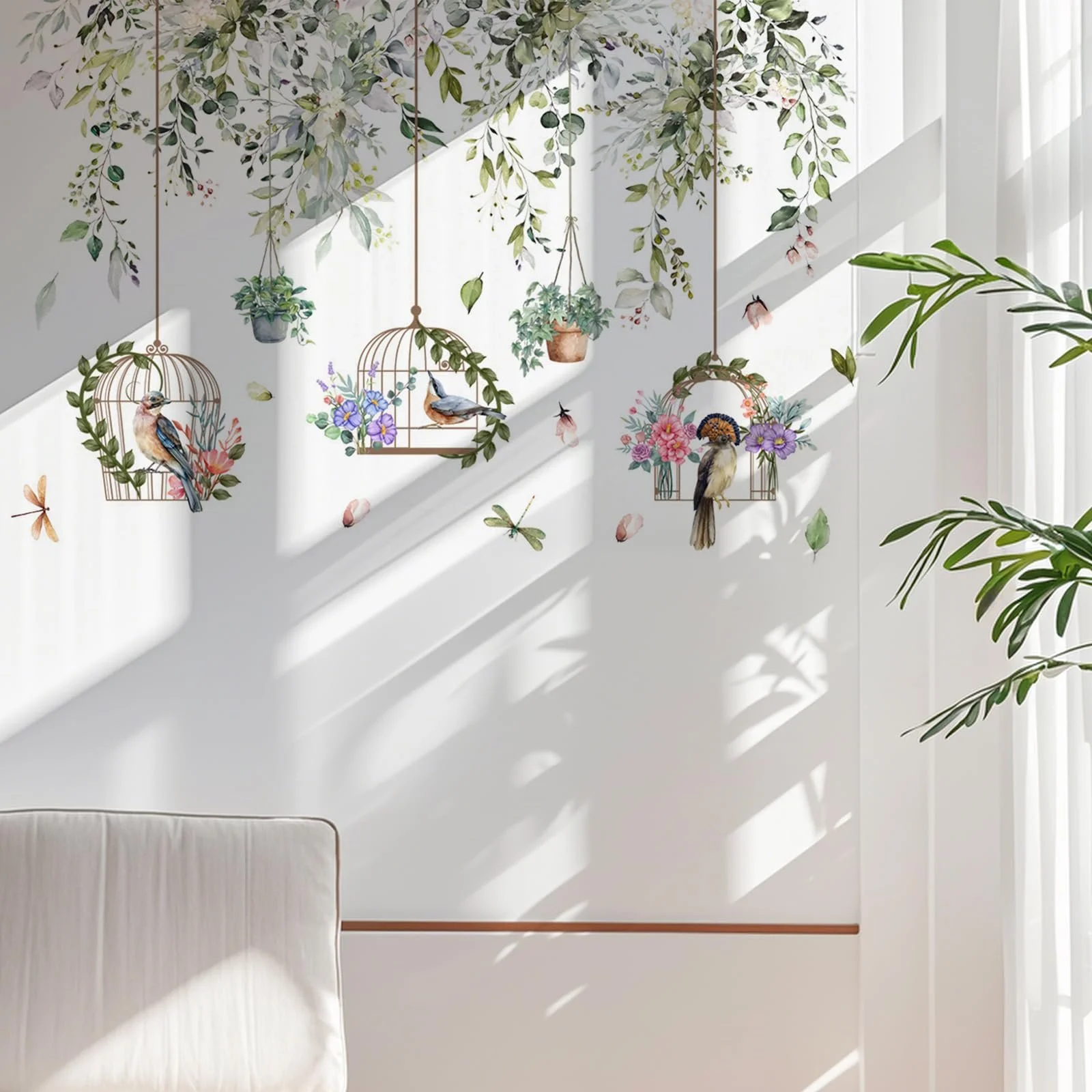Наклейка на стіну Зелені пагони з птахами та квітами 90x30 см 2 шт., фото №5