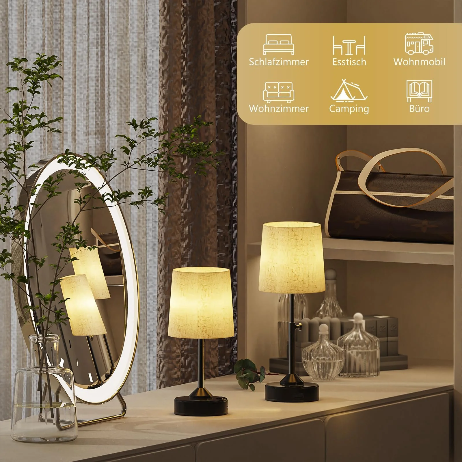 Настольная лампа Набор из 2 шт. Безпроводная Сенсорная Диммируемая Регулируемая по высоте На батарейках, фото №5