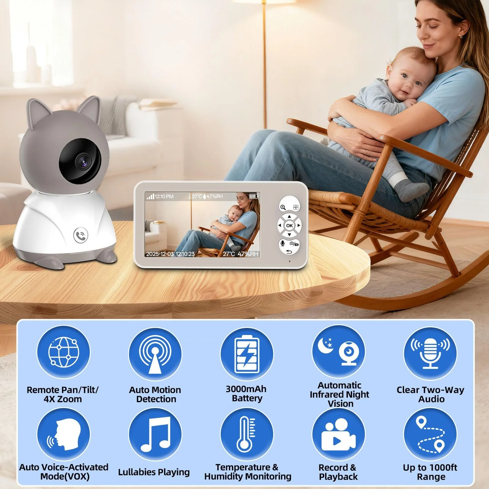 Відеоняня 2K 5" PTZ 355°/60° 4X Zoom IR Night Vision Motion Sensor Lullabies, фото №2