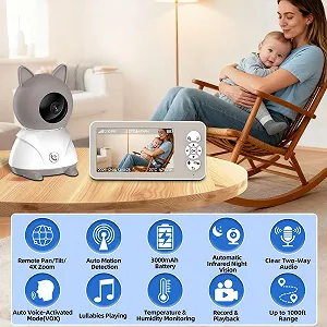 Відеоняня 2K 5" PTZ 355°/60° 4X Zoom IR Night Vision Motion Sensor Lullabies synthetic.ua - Фото 1