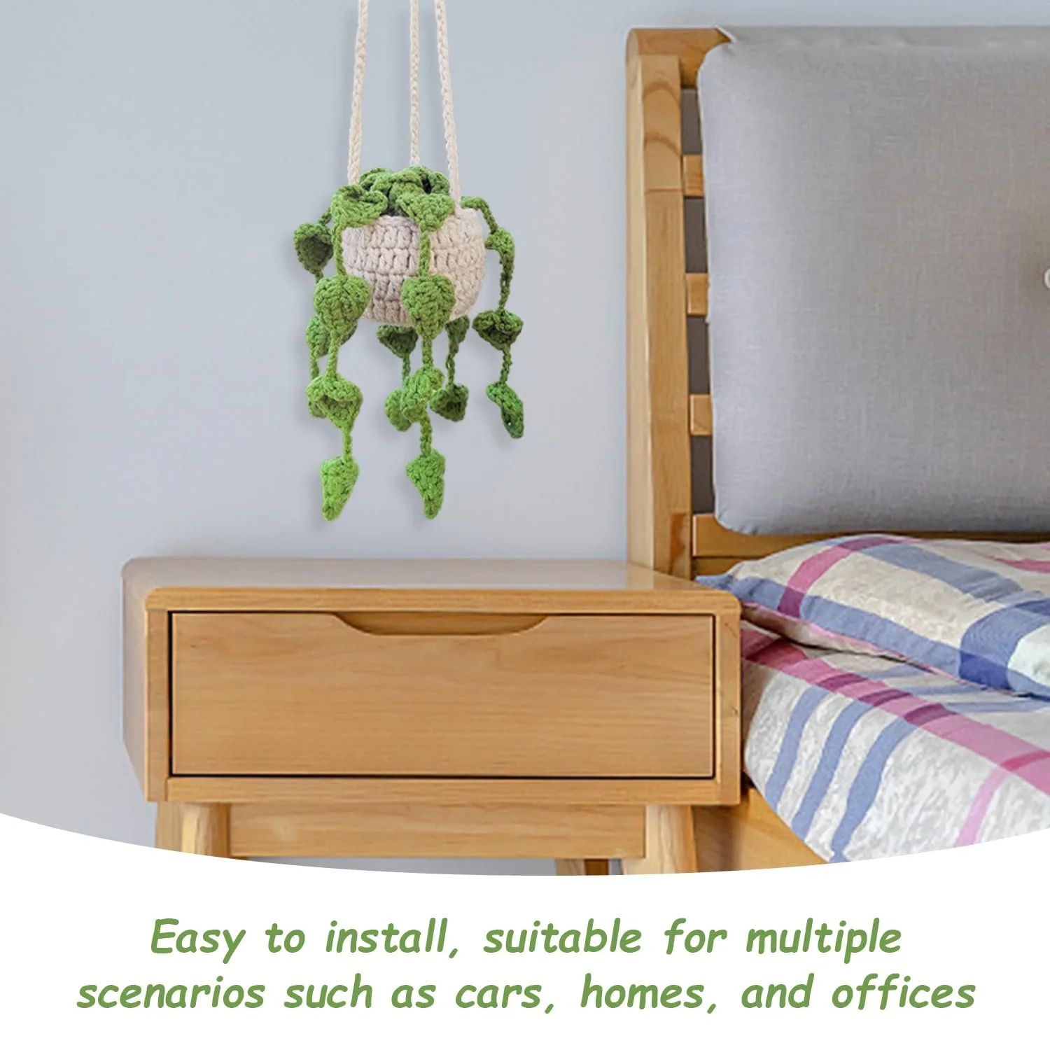 Подвеска для растений корзинка ручная работа крючком 35 см бежево-зеленая, фото №6