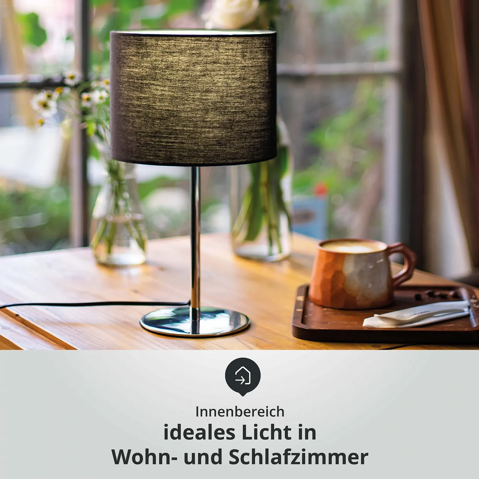 Настільна лампа LED Universum 7369 з тканинним абажуром цоколь E14 металева основа Чорний Хром, фото №2