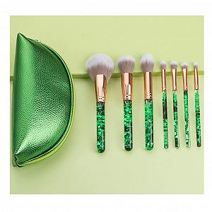Набір кистей для макіяжу Fashion 7 шт. Matcha Green з косметичкою для змішування пудри, для очей, обличчя, кисті з блискітками, набір інструментів для макіяжу, кисті з кришталевою ручкою - Фото 1