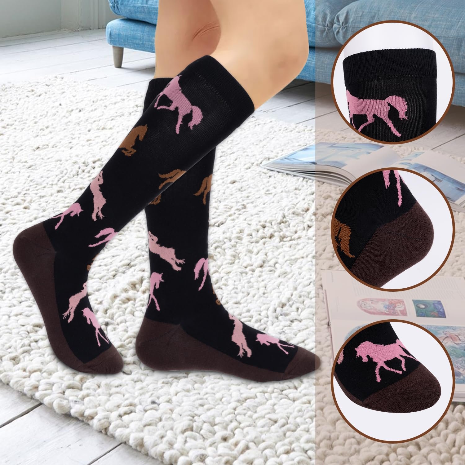 Носки для верховой езды, 3 пары Женские и девичьи гольфы для верховой езды, Клетка, Для любителей лошадей, Гольфы до колена, Женские носки для верховой езды, Женские 39-42 Хлопок, Женские девичьи носки для бега, Длинные носки, Компрессионные носки, фото №4