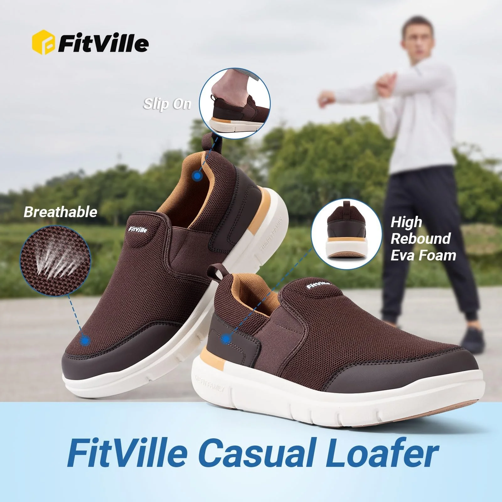 Кроссовки FitVille Без шнурков Мужские Очень широкие Нескользящие Для ходьбы Широкие Для улицы Удобные Легкие Дышащие Повседневные, фото №3