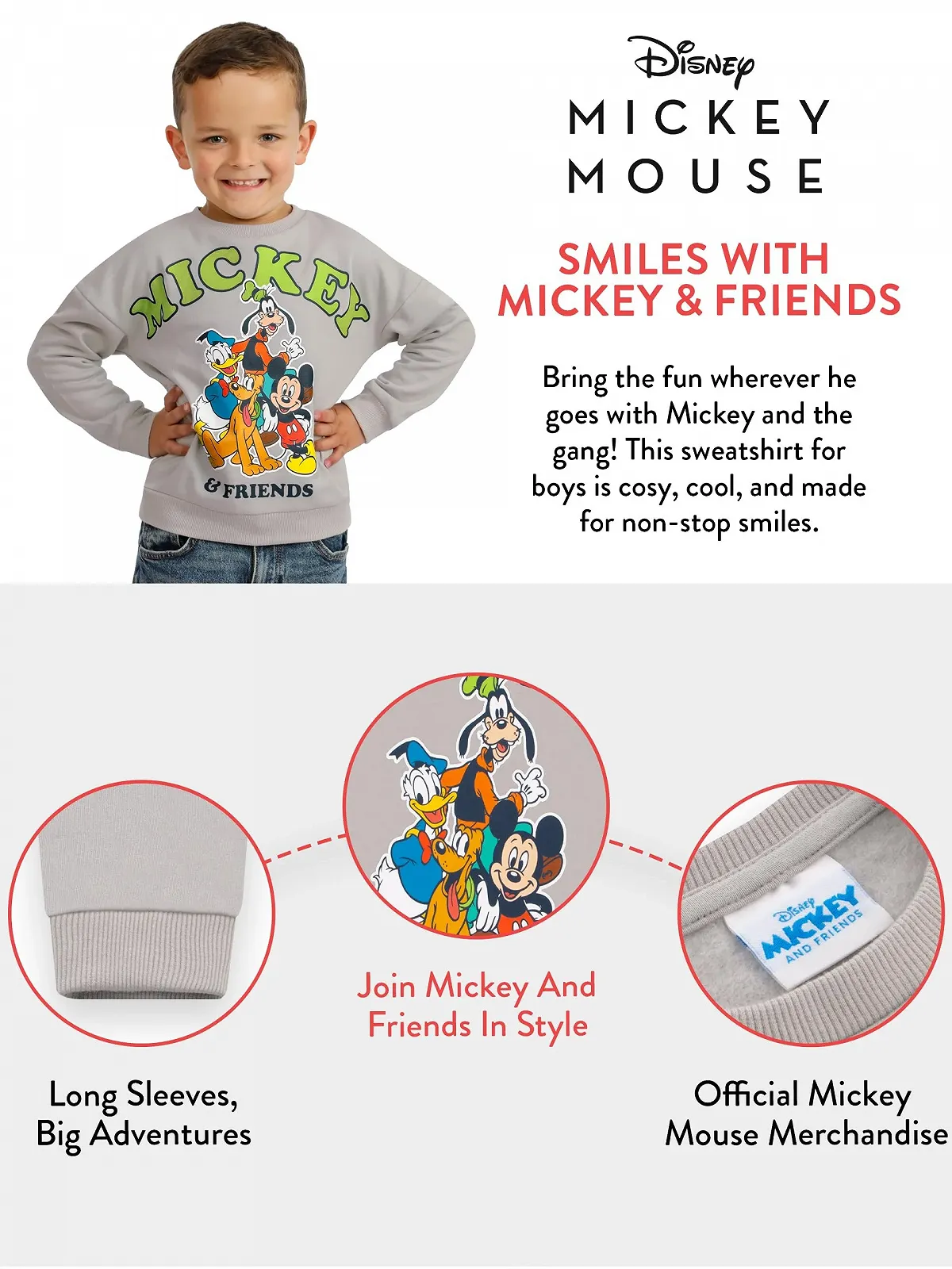 Свитшот Disney Mickey Mouse Официальный джемпер для мальчиков Детский серый джемпер для мальчиков из Mickey and Friends, фото №4