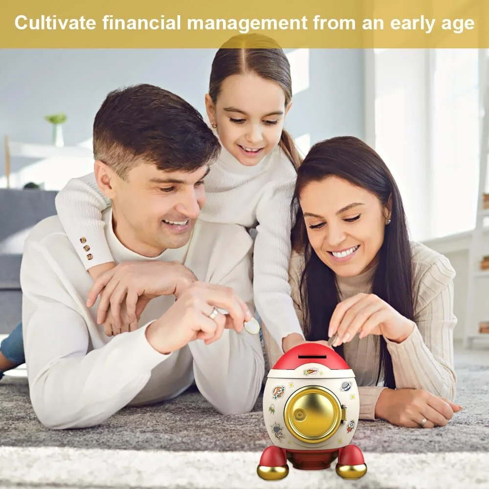 Скарбничка Rocket Astronaut Large Personalised з мультяшними наклейками та ключем, фото №4