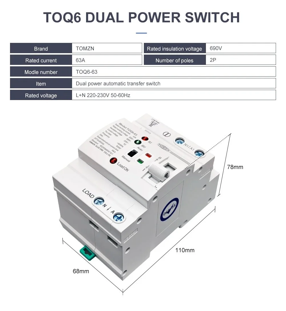 Автомат ввода резервного питания TOMZN TOQ6-63/2 2P 63A 220V АВР переключатель, фото №13
