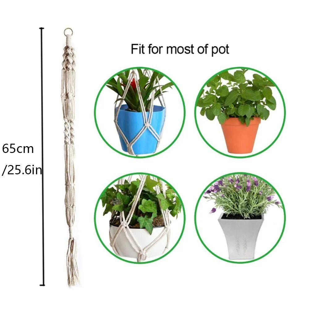 Подвесное кашпо макраме Boho из хлопковой веревки 65 см Бежевый, фото №2