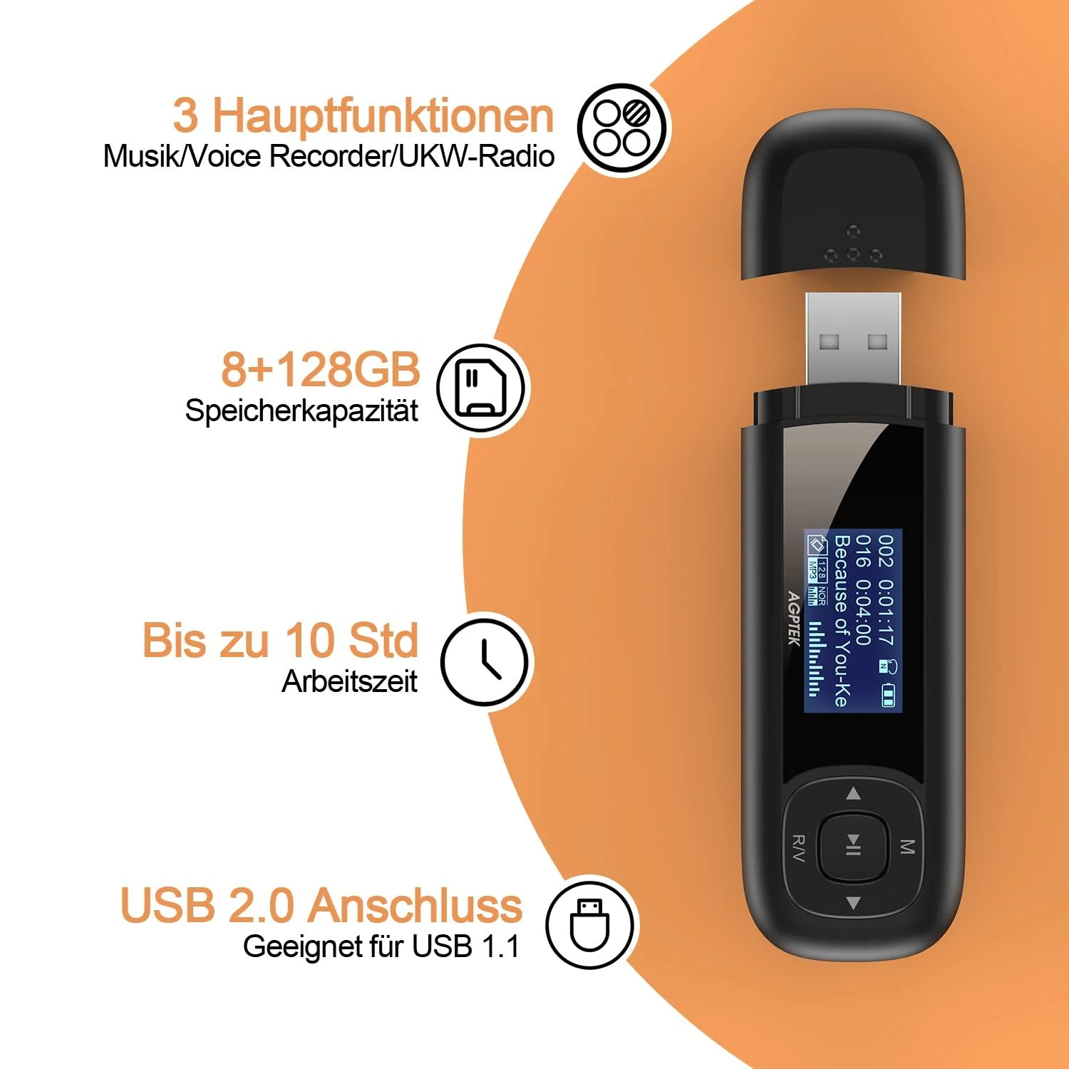 MP3 плеєр AGPTEK U3 8GB Чорний Червоний, фото №8