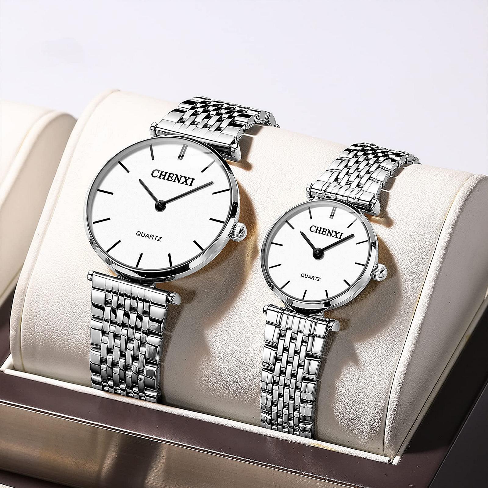 Парные часы Quartz Аналоговые JewelryWe Классические Простые Ультратонкие с браслетом из нержавеющей стали Серебряные, фото №7