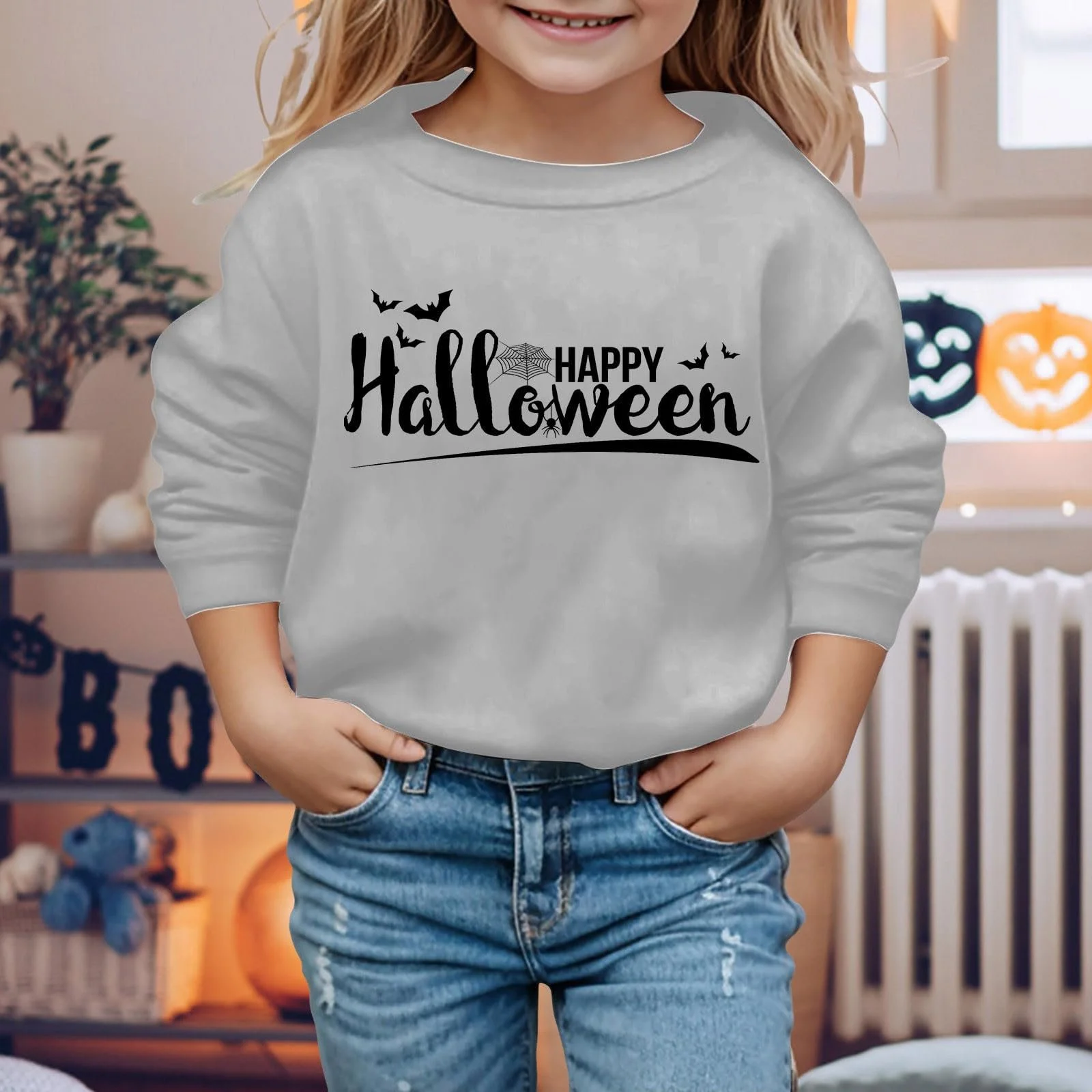 Свитшот для девочки Generisch Halloween Зимний детский теплый верх уютный Праздничный буквенный принт летучая мышь, фото №3