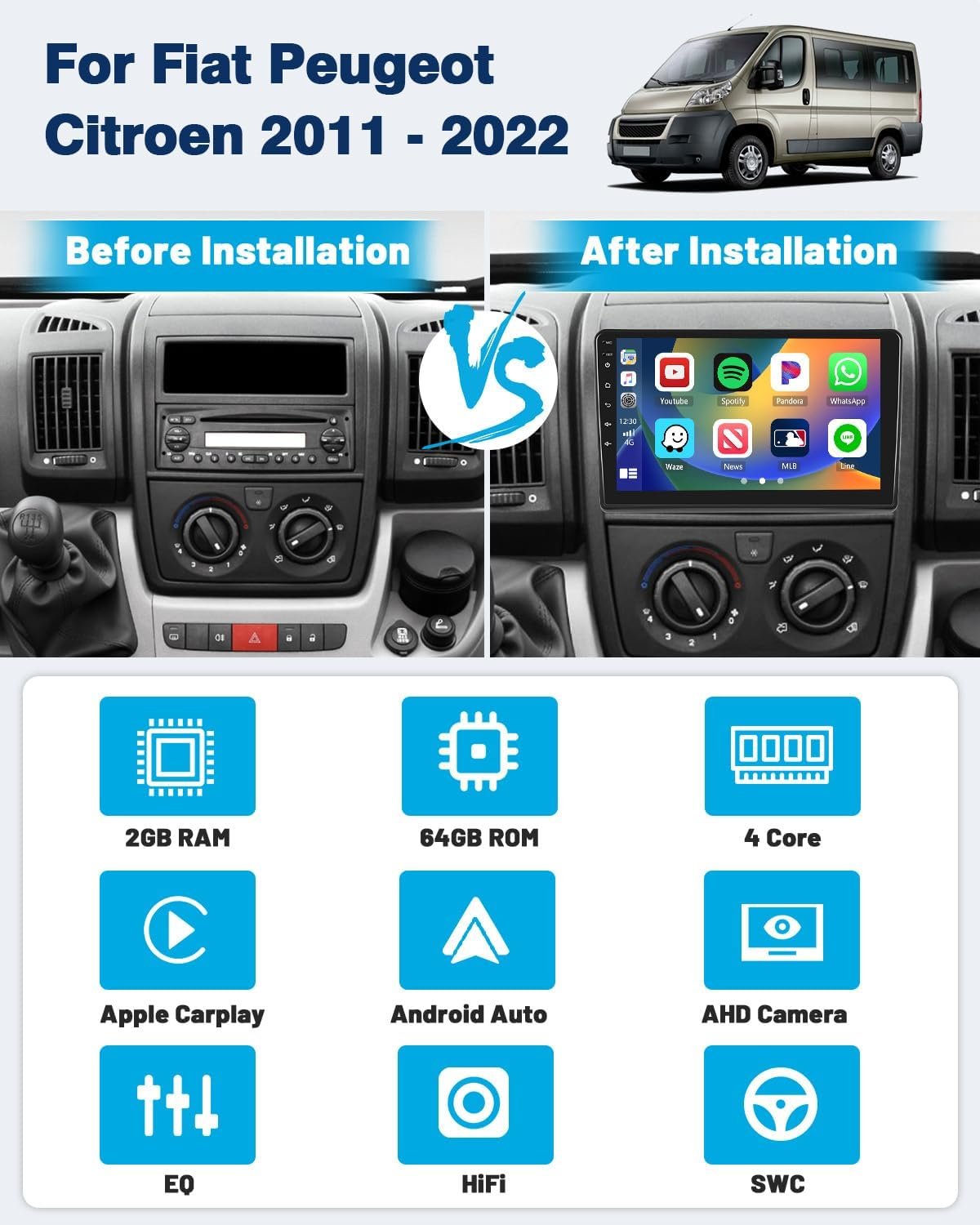 Штатна автомагнітола Hikity для Ducato 3/Peugeot Boxer 2/Citroen Jumper 2 (2011-2022) / 9" / Сенсорна / 2/64Гб / Android 13 / Apple CarPlay / Android Auto / Bluetooth / WI-FI / GPS / USB / RCA, фото №3