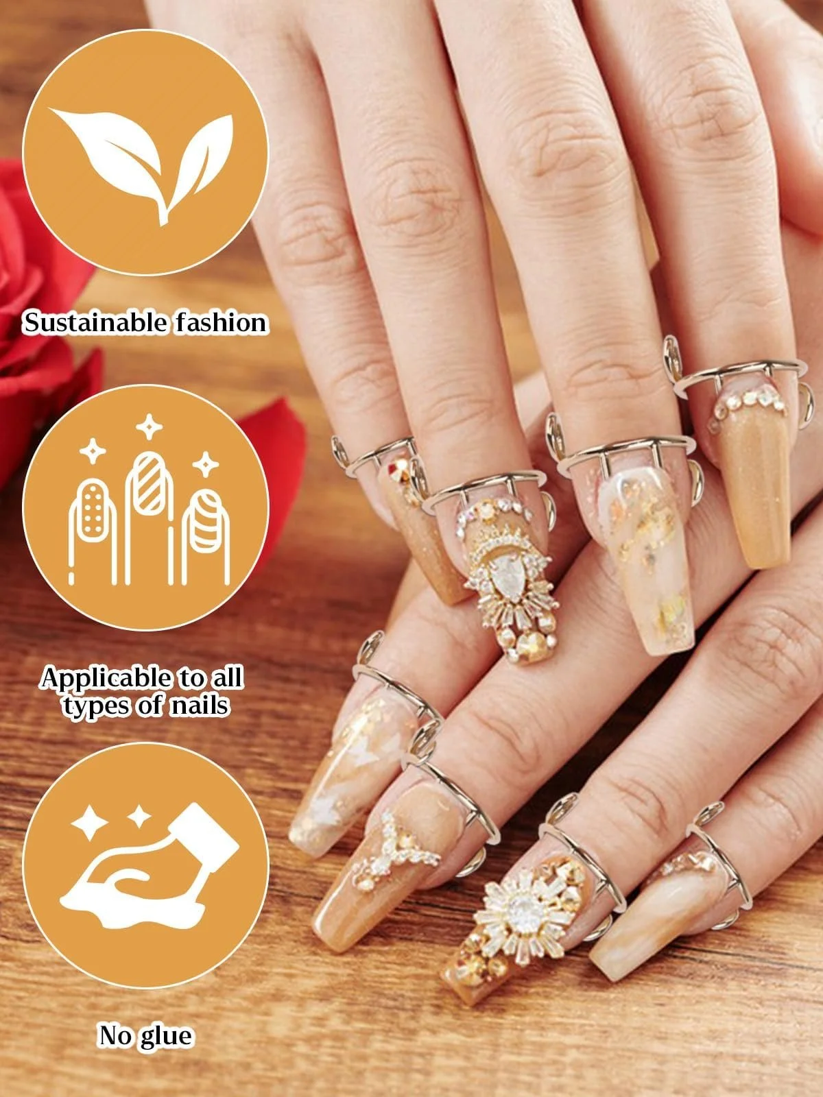 Кольца для ногтей TOROKOM Reusable Wudu 20 шт. с 96 клейкими подушечками Gold Metal, фото №3 Кольца для ногтей TOROKOM Reusable Wudu 20 шт. с 96 клейкими подушечками Gold Metal, фото №3