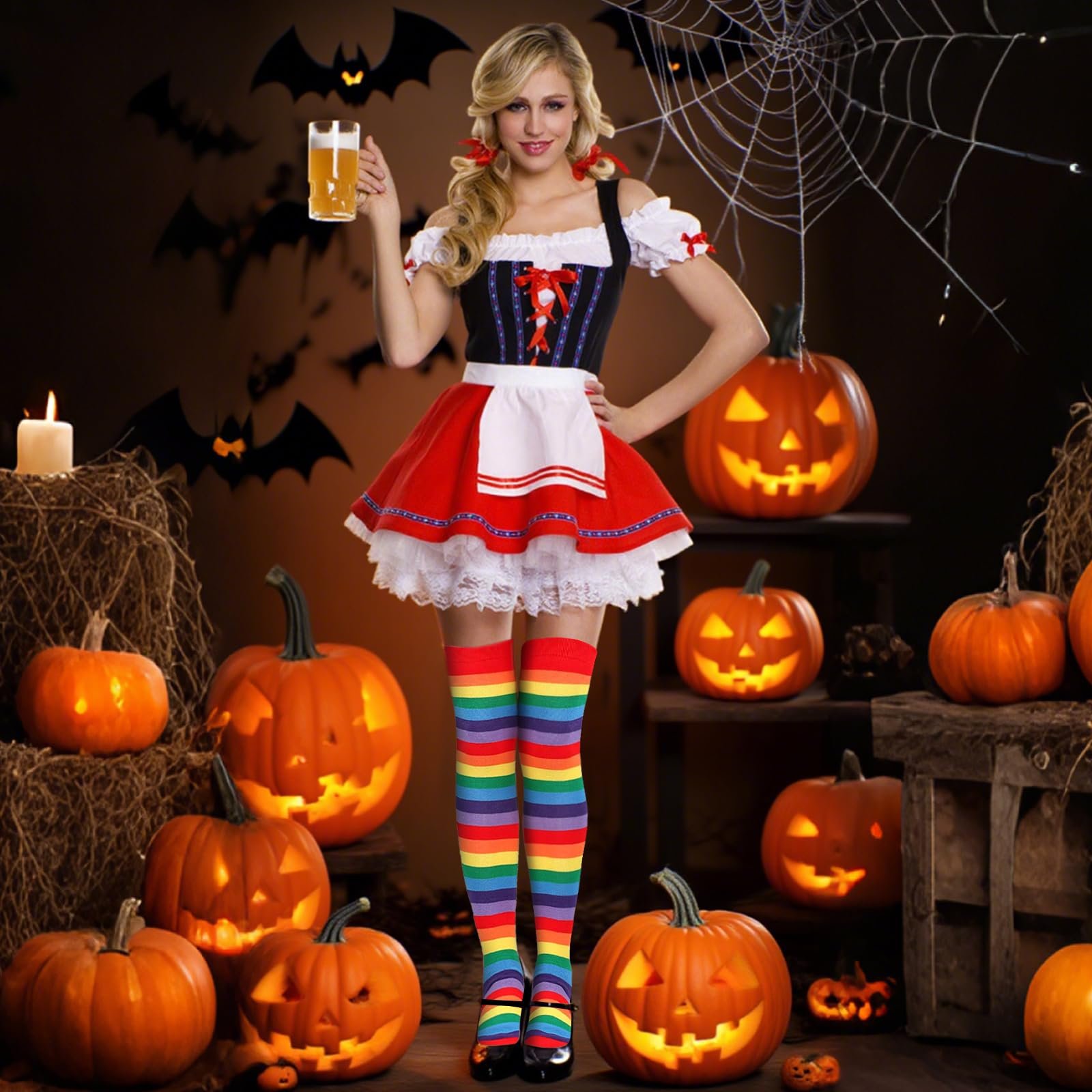 Чулки FuninCrea Полосатые хлопковые выше колена для женщин, фото №4