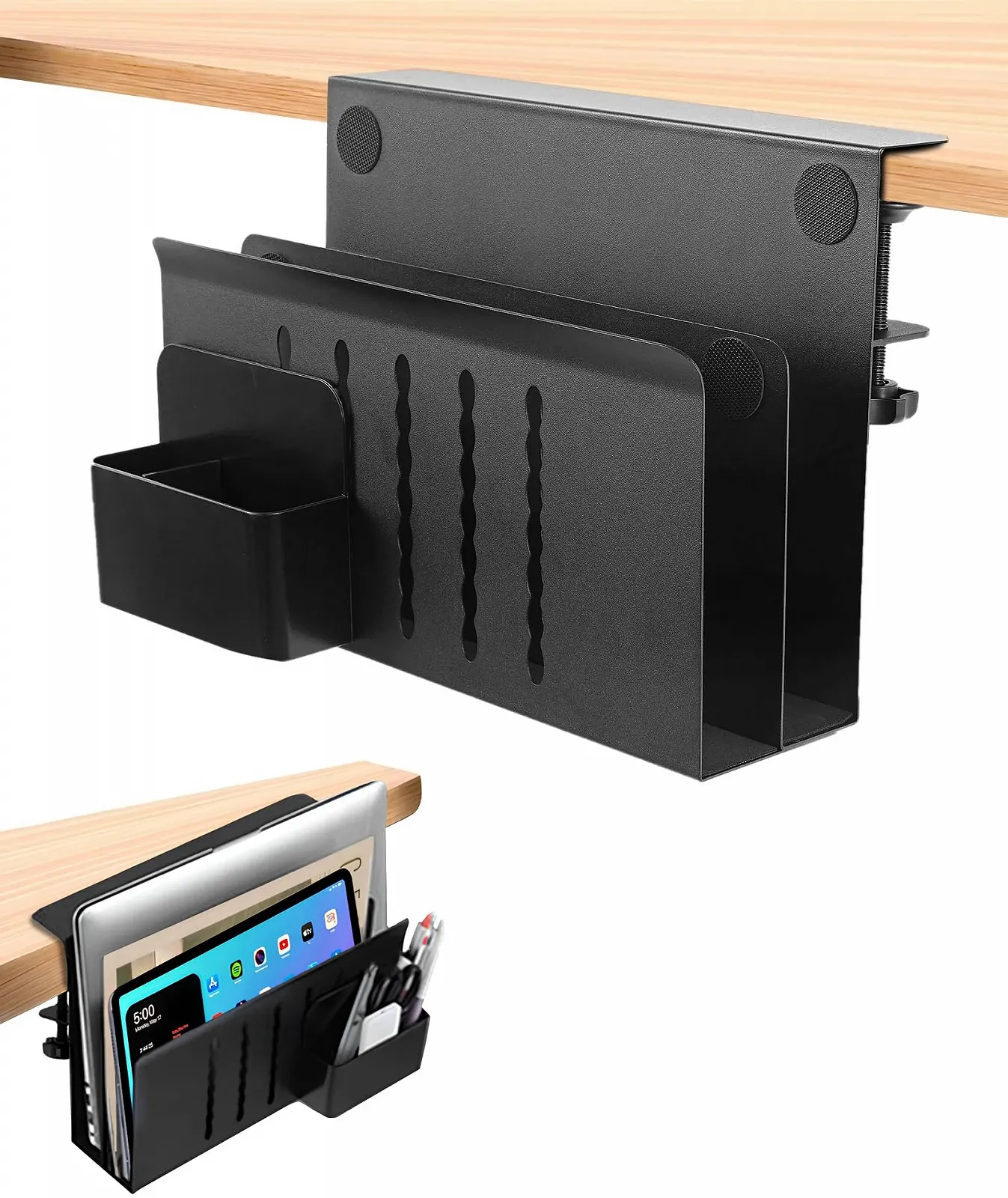 Подставка для ноутбука на стол с боковым креплением, двухслойная с держателем для ручек (Черная), фото №1 Подставка для ноутбука на стол с боковым креплением, двухслойная с держателем для ручек (Черная), фото №1