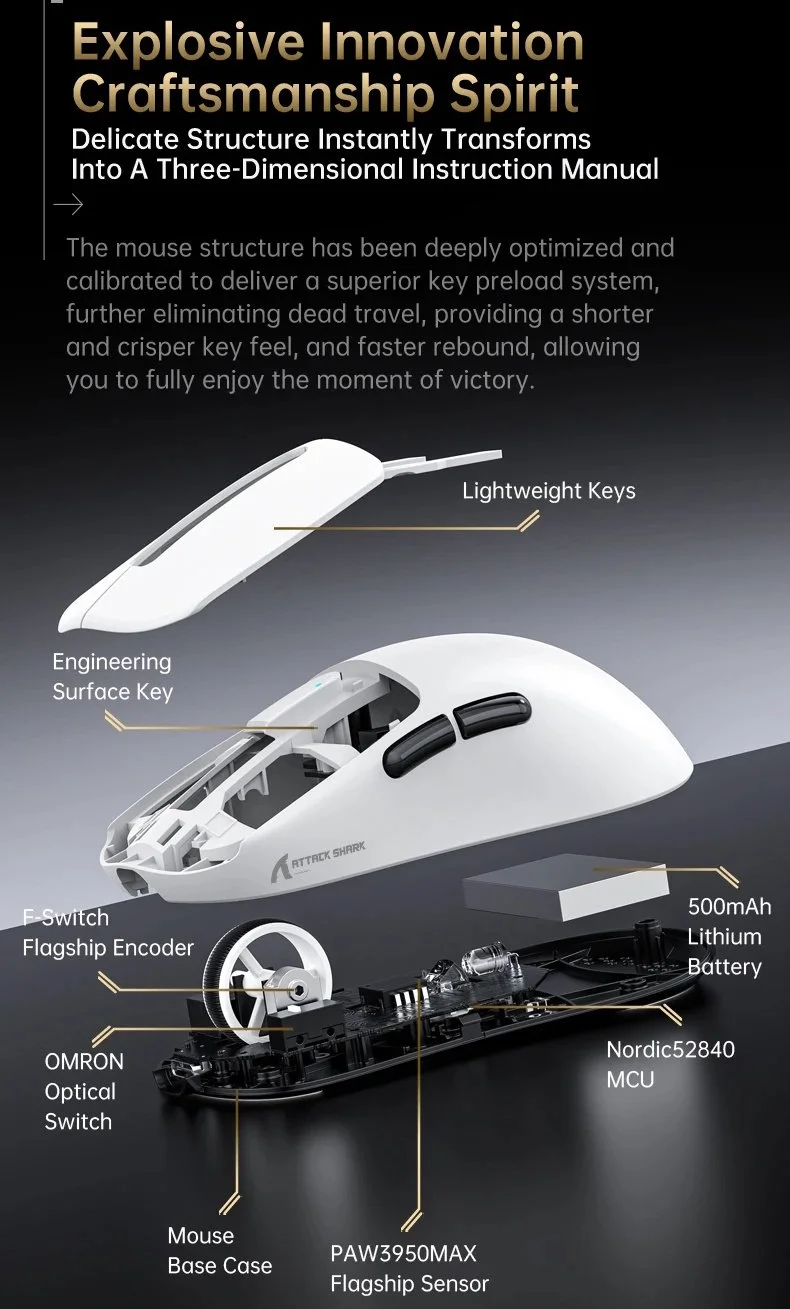 Ігрова мишка Attack Shark V5 Black PAW3950MAX 42K DPI 8000Гц 750IPS 50G, фото №9