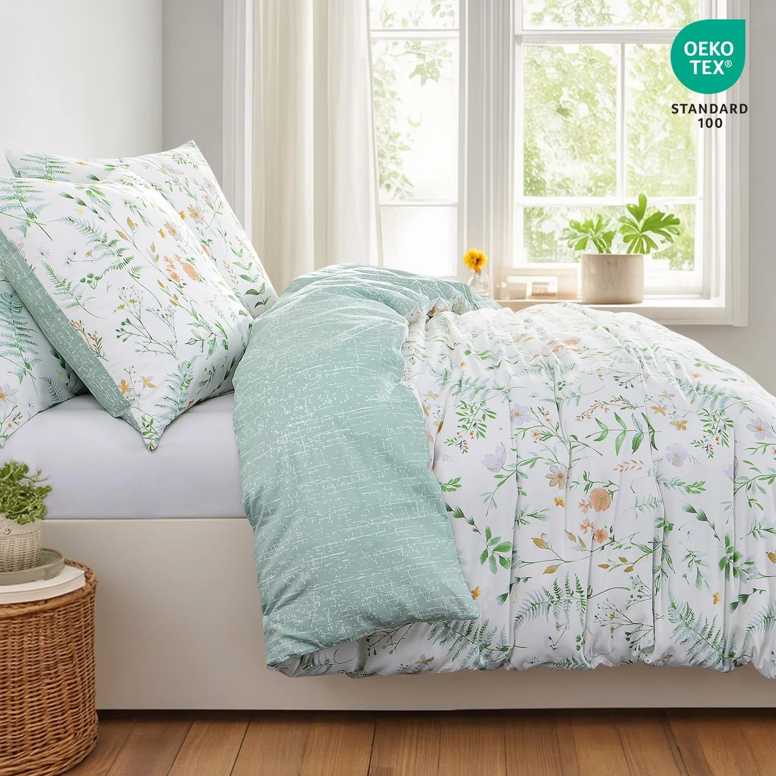 Постельное белье Aisbo 135 x 200 см, 4 предмета, хлопок, зеленый, цветочный узор (2 наволочки 80 x 80 см), фото №3