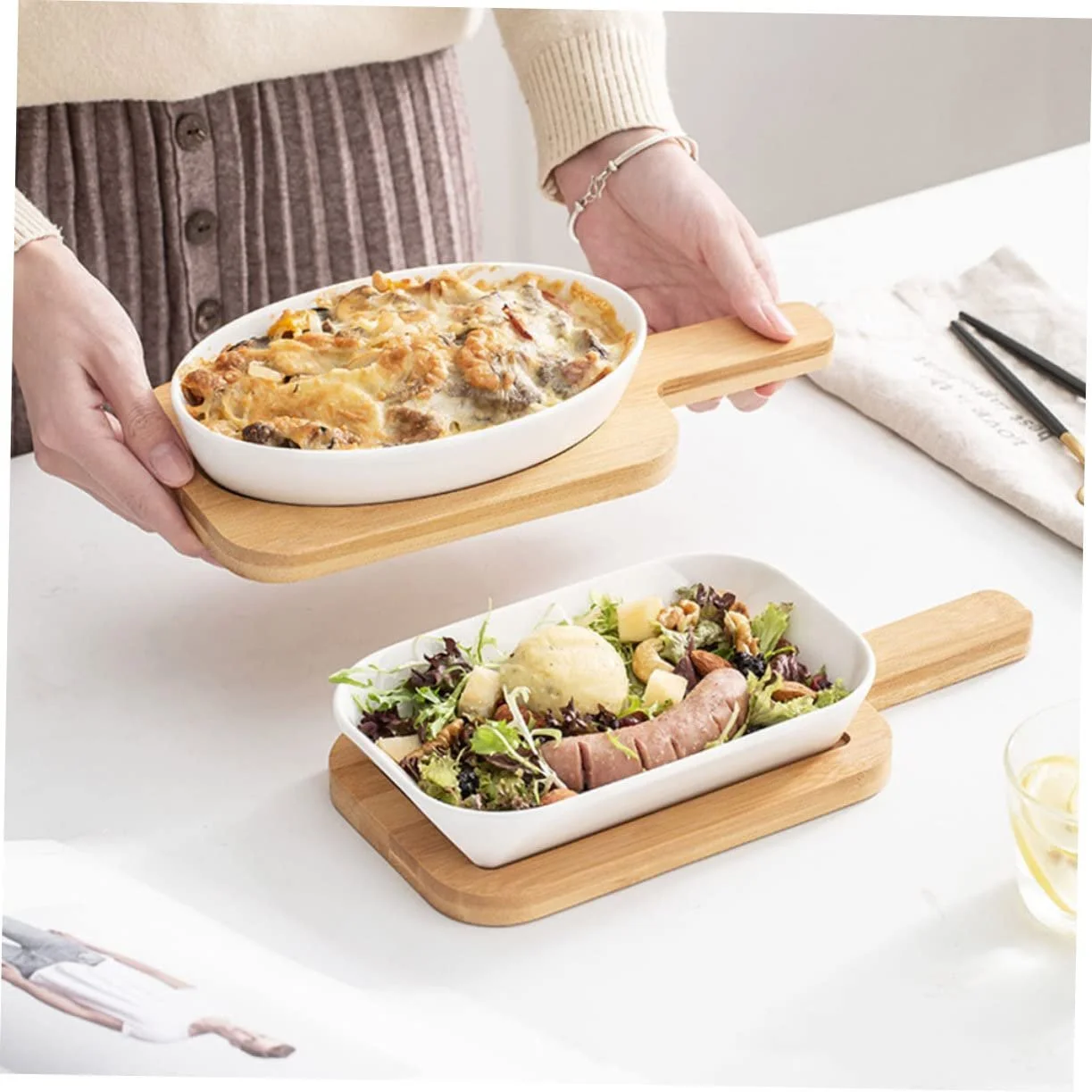 Набор форм для выпечки керамических с деревянным основанием овальный легкий, фото №5