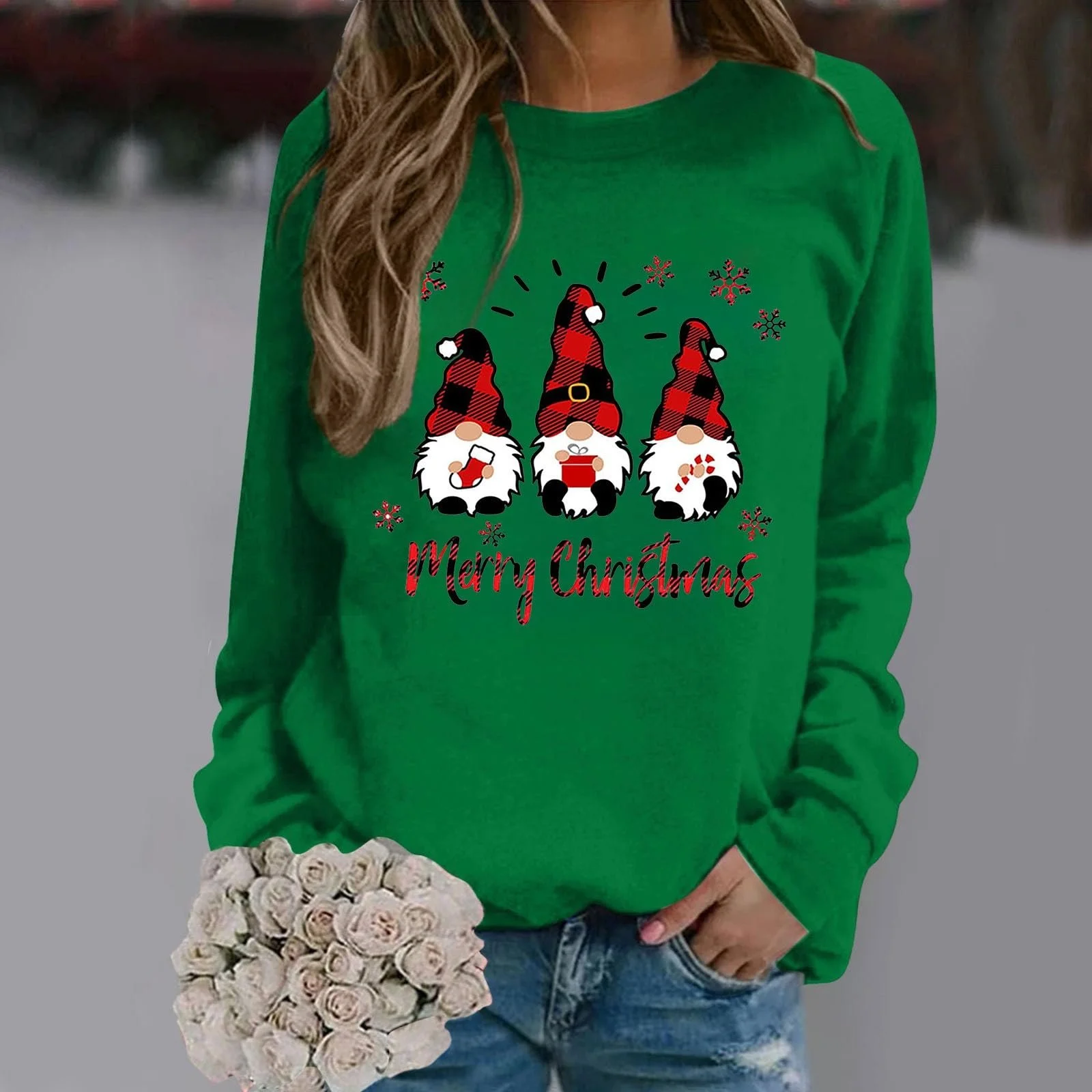 Рождественский Пуловер Женский Свитшот с принтом, Круглый вырез, Длинный рукав, фото №3