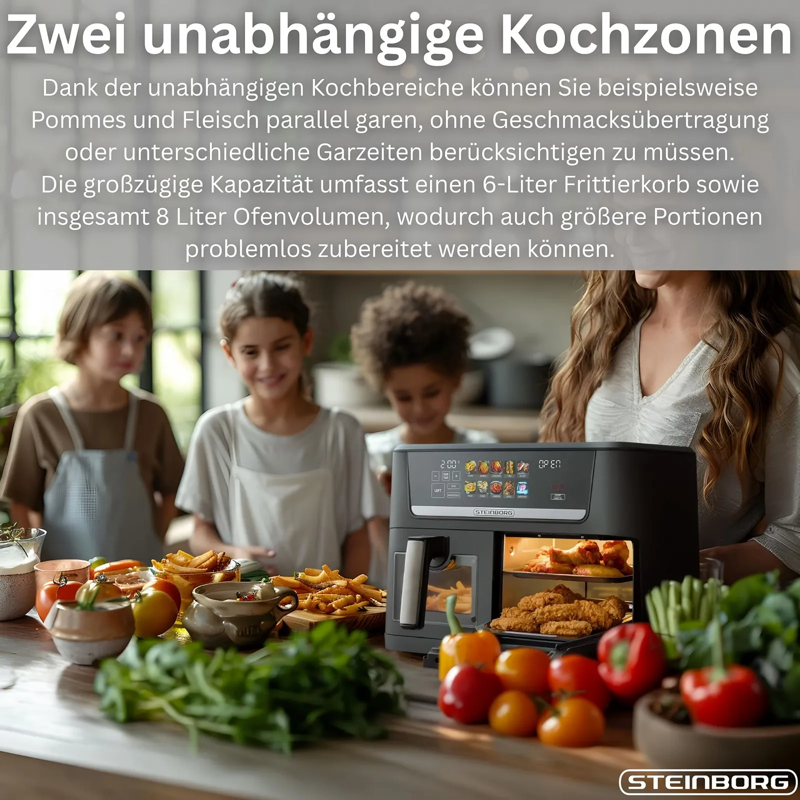 Мультипечь Steinborg XXL Hot Air Fryer Dual Zone 14 L (8L + 6L) 1700W 10 программ 60-200°C Black, фото №3 Мультипечь Steinborg XXL Hot Air Fryer Dual Zone 14 L (8L + 6L) 1700W 10 программ 60-200°C Black, фото №3