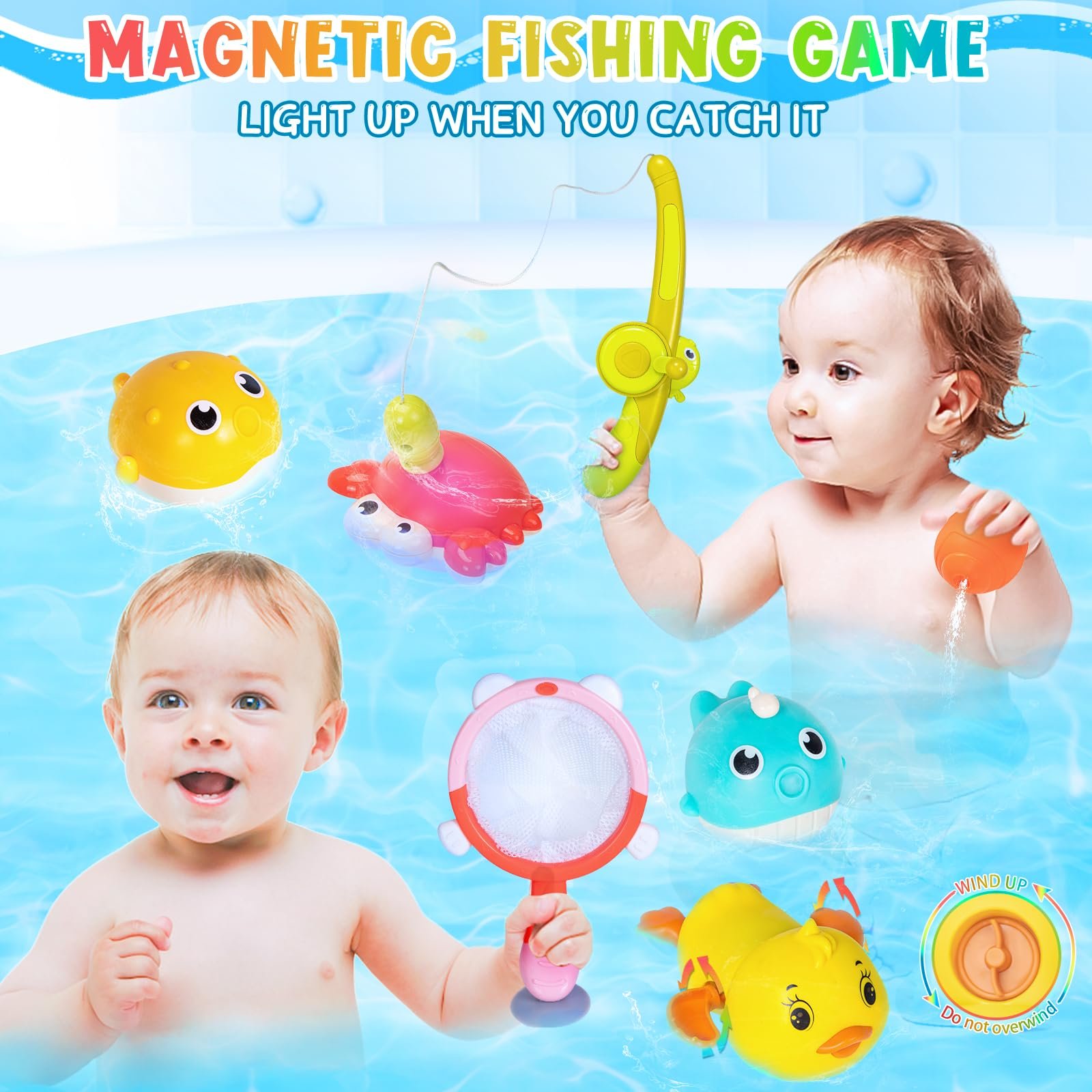 Іграшка для ванни Магнітна риболовля для дітей від 1 року, 7 предметів: 3 магнітні іграшки з підсвічуванням, заводний плаваючий каченя, сачок, вудка, сплеш-м'яч, фото №2