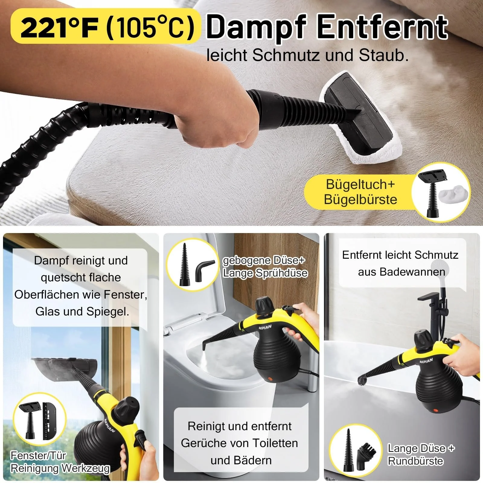 Ручний пароочисник AKPIAN універсальний з 10 аксесуарами та захисним замком head, фото №6 Ручний пароочисник AKPIAN універсальний з 10 аксесуарами та захисним замком head, фото №6