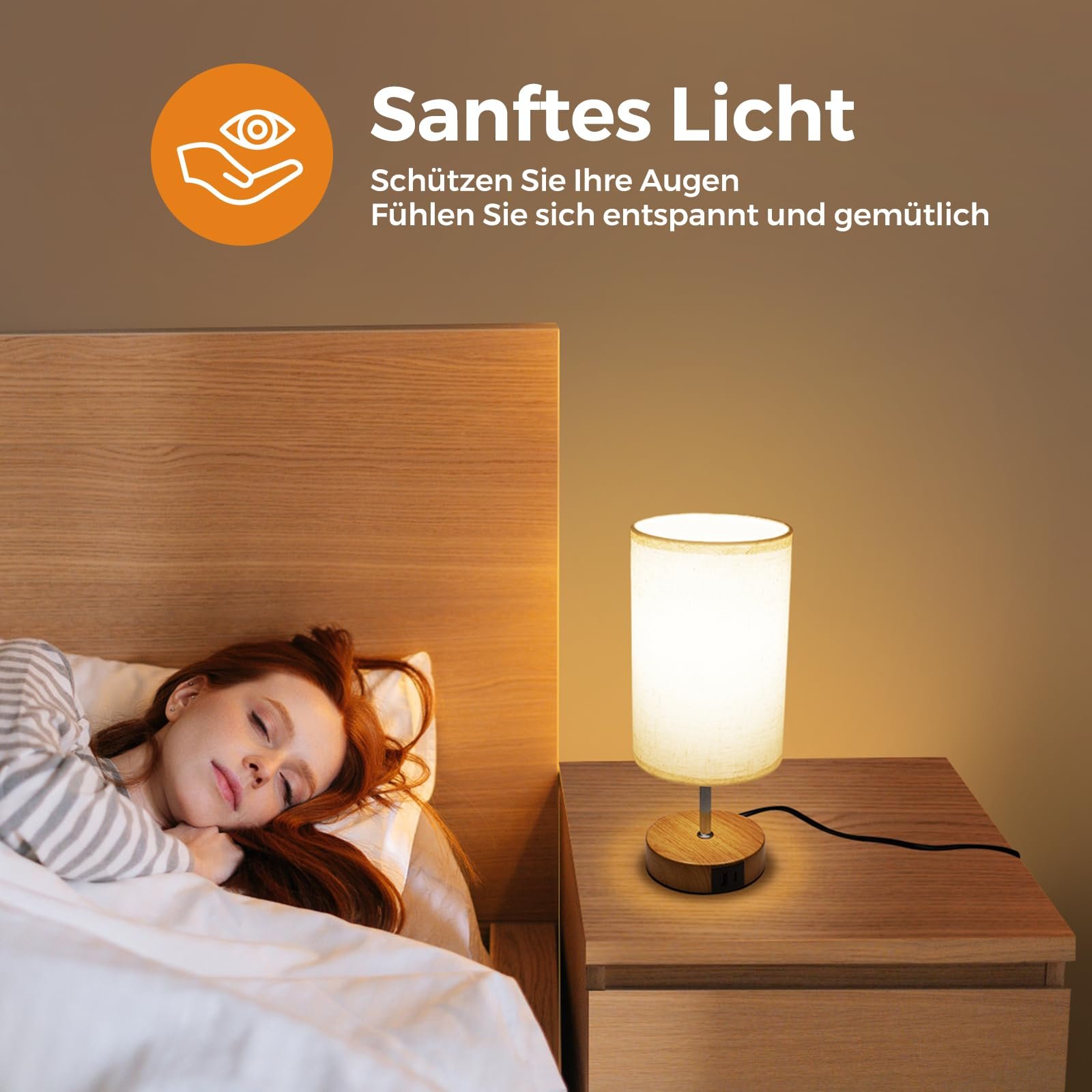 Настільна лампа Suright Bedside Lamp Touch Dimmable USB A+C Wooden Base LED Bulb Linen, фото №6