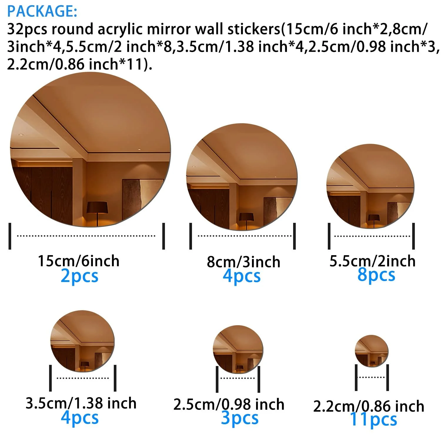Наклейки на стіну Дзеркальні кола Акрилові 32 шт. Золотисте шампанське, фото №7