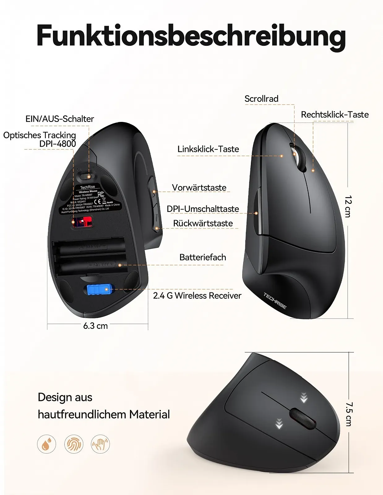 Мышь TechRise Беспроводная Эргономичная Вертикальная 4800 DPI Оптическая Тихая, фото №8