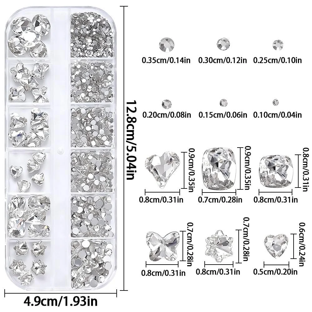 Стразы для ногтей Серебряные прозрачные 12 Grid, овальные, бабочки, сердца, цветы, круглые бриллианты, 3D, фото №2