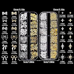 Украшения для ногтей Золото Серебро, 2 коробки 24 ячейки Звезды Бантики Украшения для ногтей Металлические заклепки в стиле панк, Металлические кристаллы для ногтей Бантики Аксессуары для украшения ногтей DIY поделки synthetic.ua - Фото 1